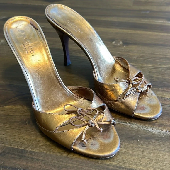 Gucci Metallic Gold Double Bow Open Toe Sandals Heels Party Vintage 6 - Picture 1 of 8